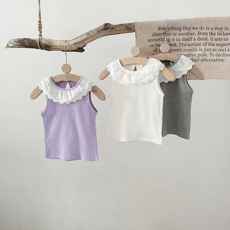 XTY-Girls' Short SleeveTT-shirt2024Summer Children's round Neck Bottoming Shirt Lace Ruffled Collar Top Baby Western Stylet