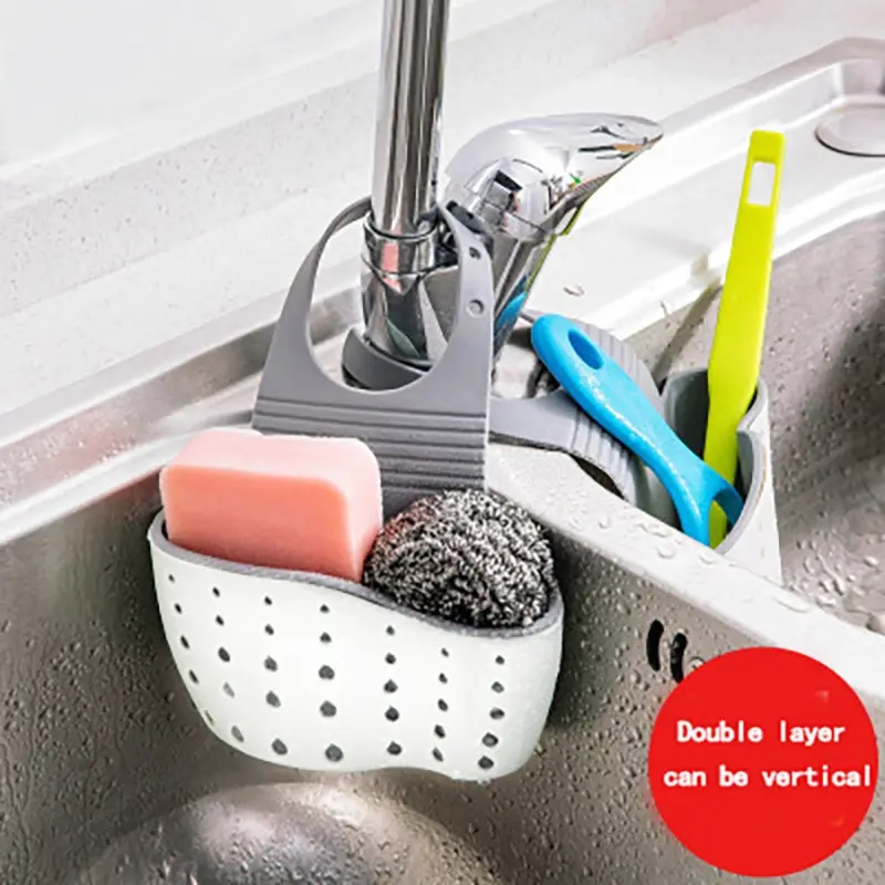 Kitchen Supplies 1pc Double Sink Draining Hanging Bag Adjustable Press Faucet Shelf Sponge Double Basket Storage