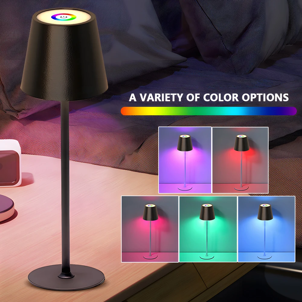 LED 무선 테이블 램프 충전식 높이 조절 가능 RGB/3색 디밍 휴대용 LED 방수 테이블 램프 (침실/바용)