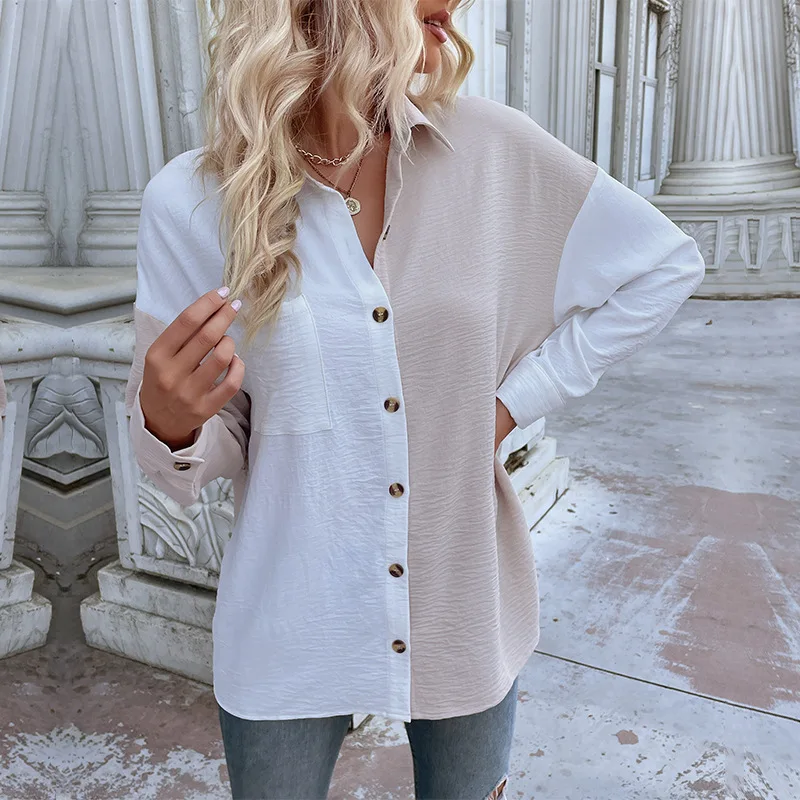 2023 Autumn New Cardigan Shirt Design Sensitive Polo Collar Color Matching Long Sleeves Splicing Pockets Single Breasted Blouse