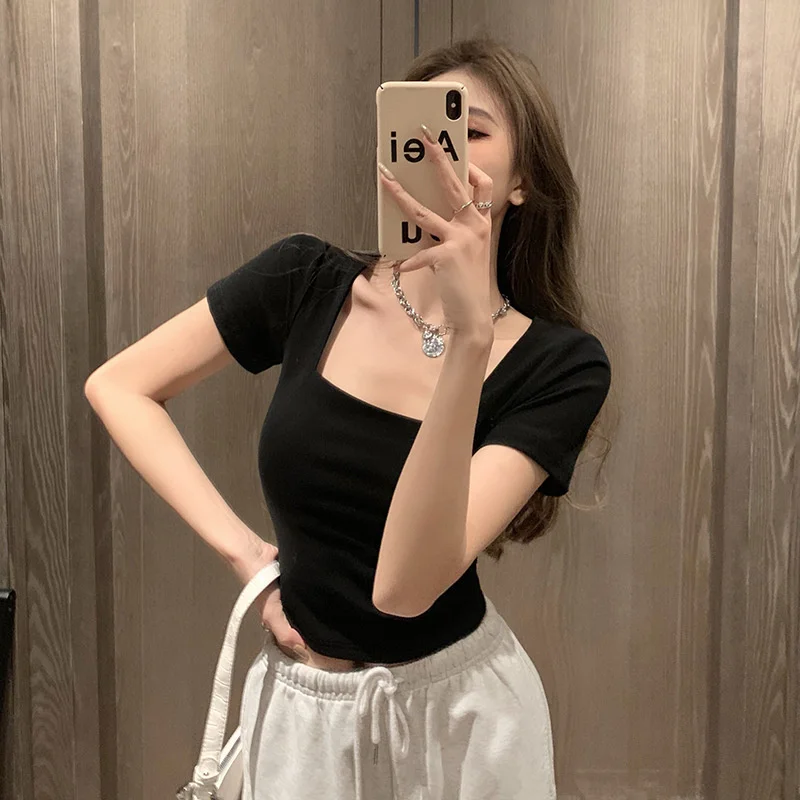 Square Neck Solid Y2k T Shirt Women Short Sleeve Summer Tee Casual Tank Top Crop Tops Sexy Cropped Navel T-shirt Streetwear