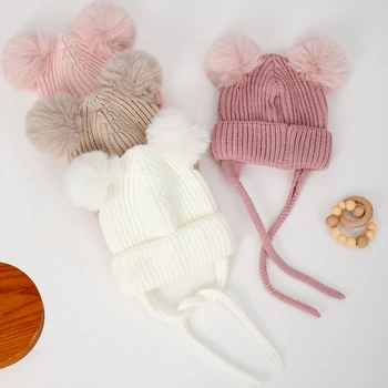 Pompom Winter Baby Hats Cute Beanies Caps Bear Ear Protection Knitted Boys Girls Headwraps Warm Kids Crochet Infant Kid Headwear 1