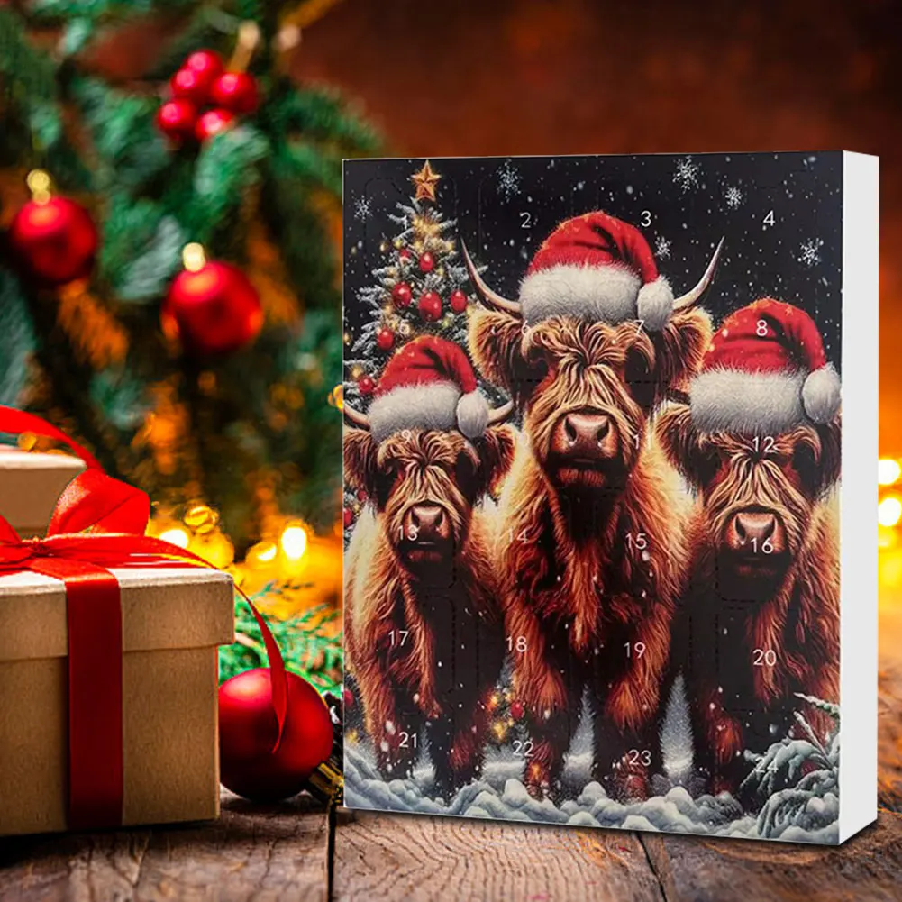 24 Days Christmas Countdown Calendar Acrylic Cartoon Highland Cow Hanging Decorations 2024 Holiday Advent Calendar Gift For Kids