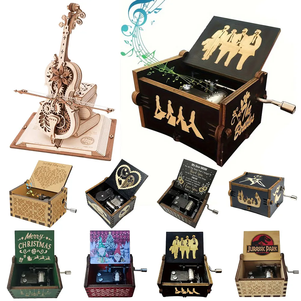 Hand Cranked Musical Box Wooden Vintage Musical Boxes Creative Engraved Music Boxes Children New Year Birthday Gift 3