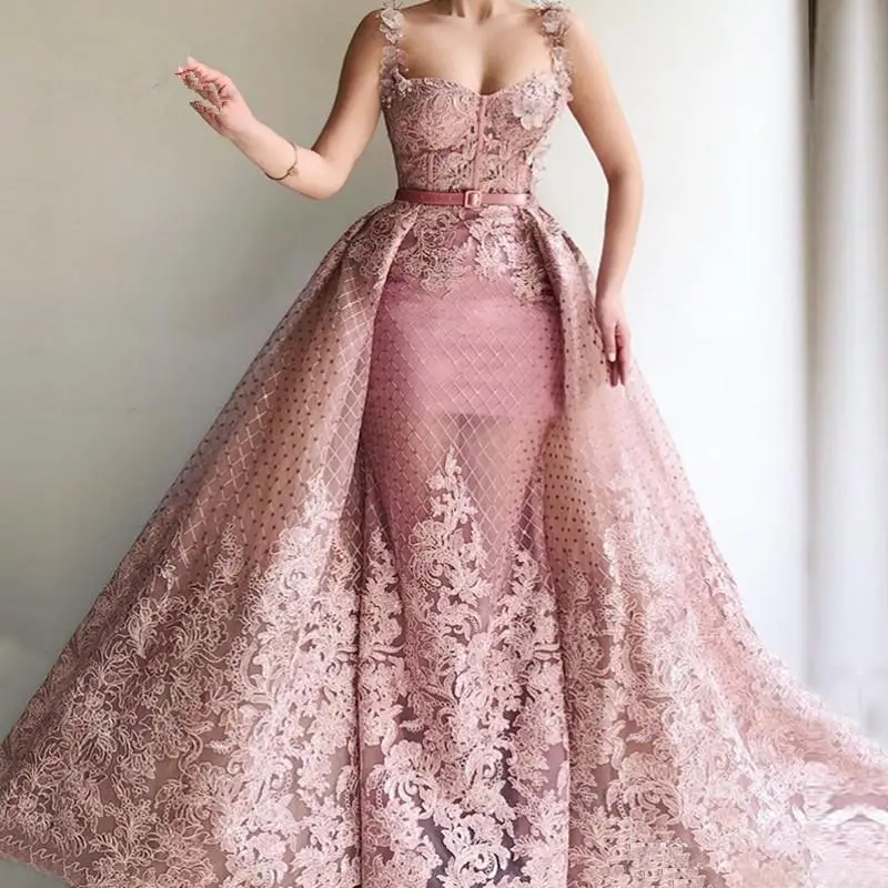 

2023 Arabic Prom Dresses With Detachable Train Lace Beads Evening Dresses Luxurious 3D Floral Formal Party Bridesmaid Party Gown