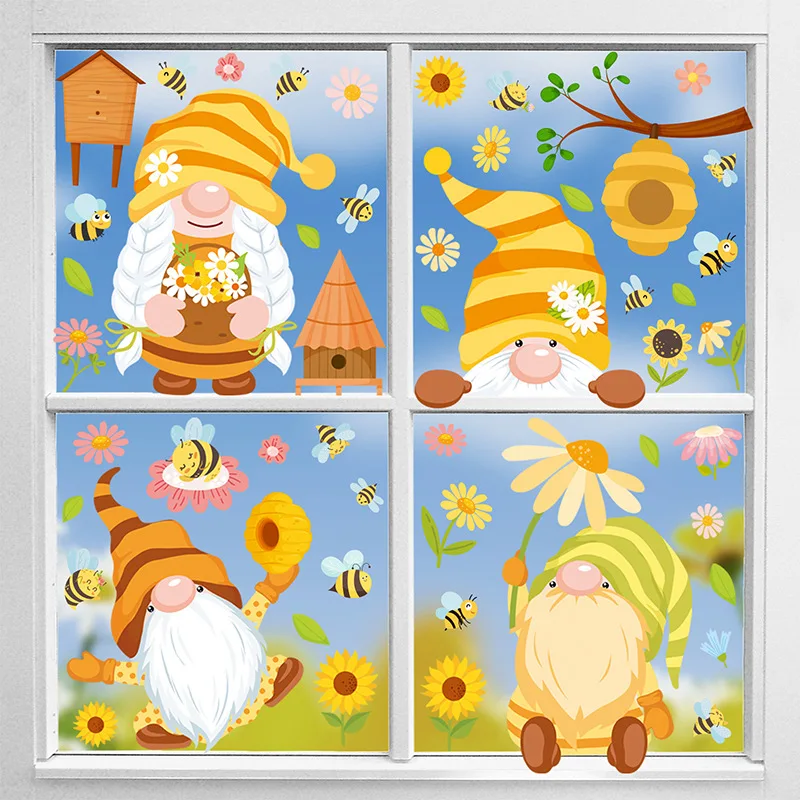 Bee Festival Window Film Stained Glass Window Clings Glue-Free Electrostatic Film Glass Decals Vinyl Sticker 9 Sheets
