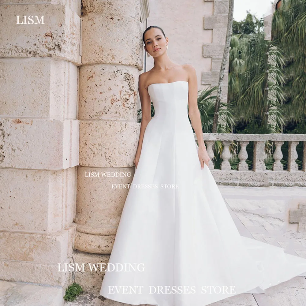 

LISM Simple Strapless Wedding Dress Floor Length Vestidos De Novia Lace Up Formal Bride Dress Sleeveless Prom Gown