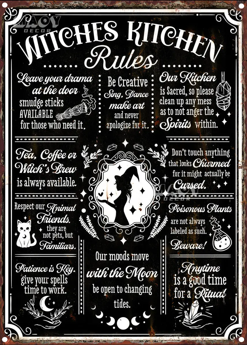 רטרו מכשפות מטבח כללי מתכת סימן פלאק עשבי תיבול ארוחות בר בציר חתול קסם וחתולים מכשפות לחשים מסעדה Decoratio