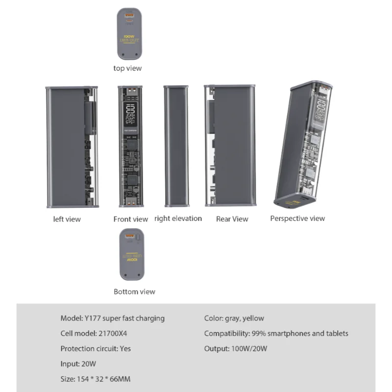 Power Bank Power Bank Case PD100W Transparent 18650*8/21700*4 With board DIY Suit USB TYPE C Two-way Fast Charging Housing