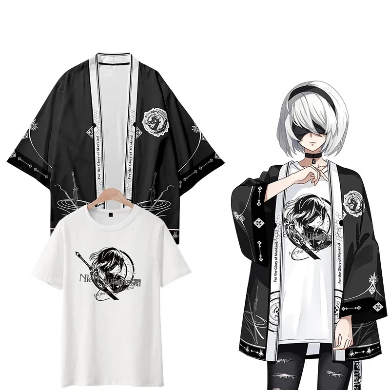 Game NieR:Automata Costume YoRHa No. 2 Type B Kimono Chiffon Coat T-Shirt Cosplay Cloak Unisex Fashion Suit