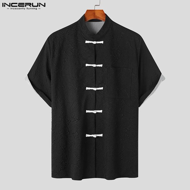 INCERUN Chinoiserie Tops 2023 New Men Embossed Printing Design Shirts Casual Well Fitting Stand Collar Short Sleeve Blouse S-5XL