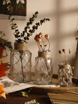 Vaso di vetro sospeso rustico con corda di canapa artistica, vaso di vetro per fiori secchi con rete di corda, arredamento per soggiorno trasparente per la casa, decorazione da tavolo 1