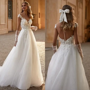 Boho A Line Wedding Dresses for Bride Illusion Back V Neck Beads Lace Wedding Dress Designer Bridal Gowns Sweep Train