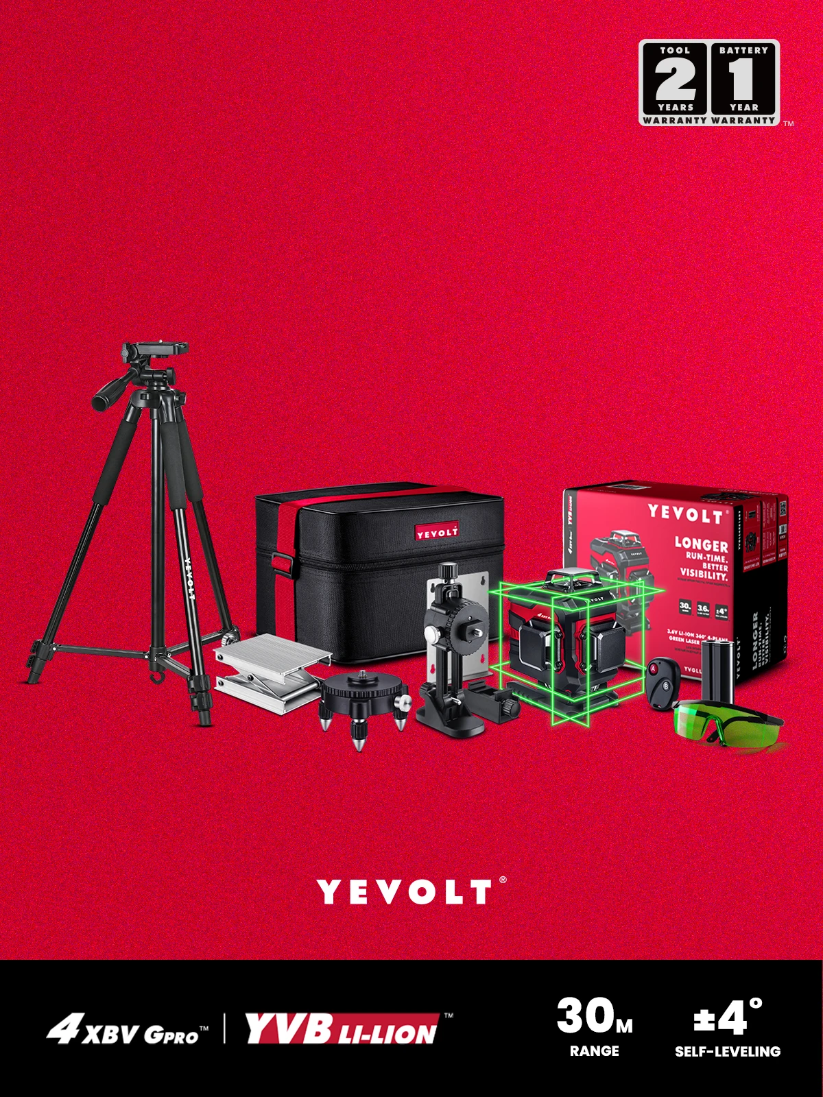 

YEVOLT TP-YVGLL4XS16B2 4-Plane Green Beam Laser Level Kit 4D 16 Lines Self-Leveling Measuring Tools - 1.5M Aluminum Tripod