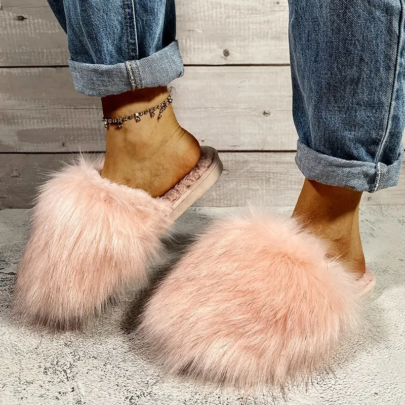 Fashionable New Round Headed Warm Casual Cotton Slippers for Women in Winter Non Slip Comfortable and Sexy Flat Bottom Fur Shoes