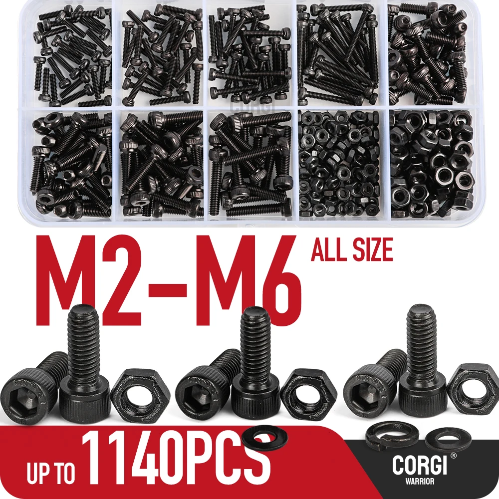 

Up to 1140P Socket Round Cap Head Hex Black Screws Kit M2 M2.5 M3 M4 M5 M6 Grade 12.9 DIN912 Allen Screw bolts with Nuts Washers