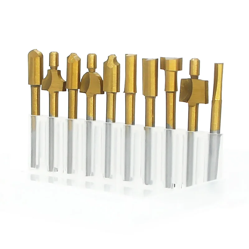 10pcs 1/8 HSS 우드 라우터 비트 파일 티타늄 코팅 미니 3mm 우드 커터 밀링 Dremel 로터리 세트에 적합 목수 도구 케이스 포함