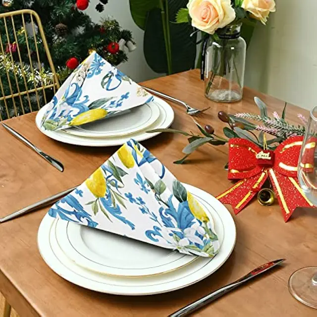 Tavaszi Citromkék Virágos Kendő Szalvéták Asztal Dekoráció Újrahasznosítható Poliészter Esküvői Étkezőasztal Mosható - Image 2