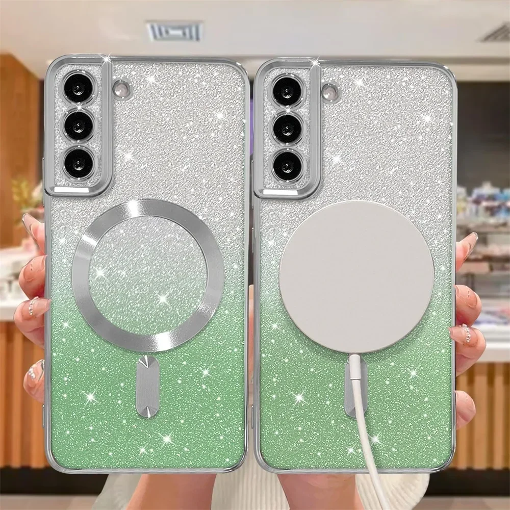 Glitter Magnetic Case For Samsung Galaxy S26 S24 Ultra S23 S22 S21 S25 Plus S20 FE A56 A55 A36 A17 Plating Wireless Bright Cover