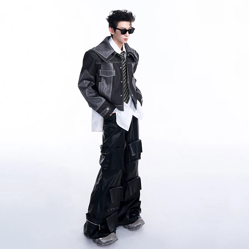 FEWQ Splicing Short Shoulder Padded Denim Men's Jacket Autumn Winter Double Collar Design 2024 Patchwork Male Tops 4