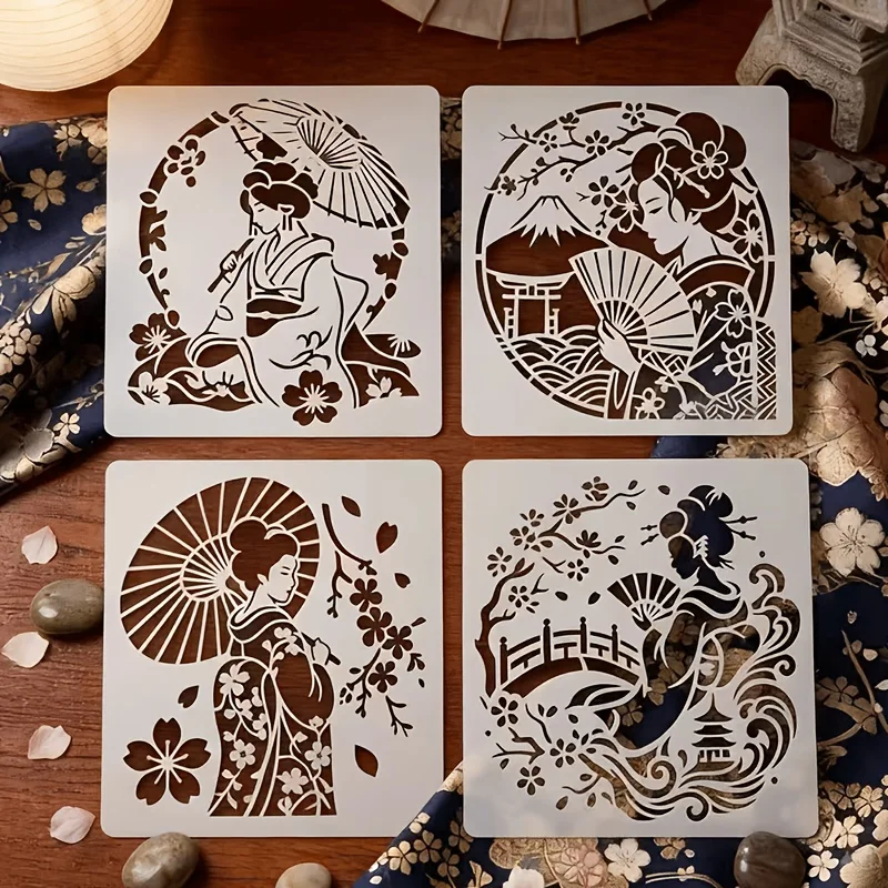 재사용 가능한 일본 게이샤 페인팅 스텐실 4Pcs DIY 홈 월 아트 패브릭 장식을위한 클래식 벚꽃 후지 패턴