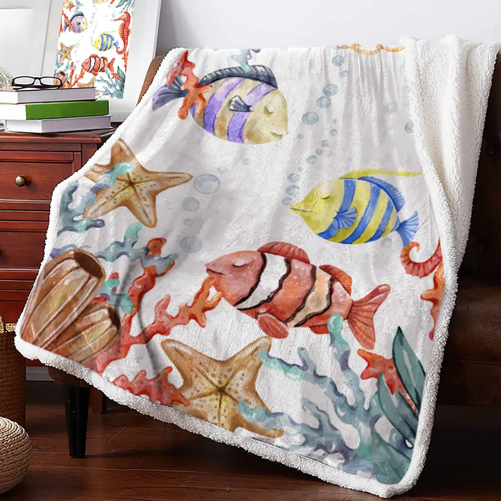 

Ocean Coral Fish Watercolor Cashmere Blanket Winter Warm Soft Throw Blankets for Beds Sofa Wool Blanket Bedspread