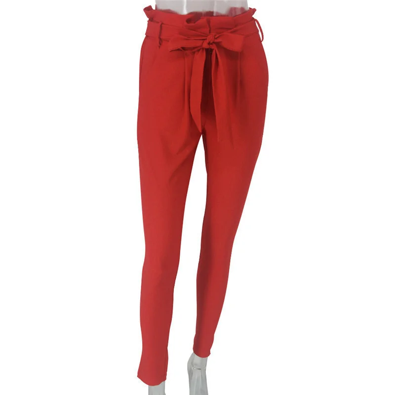 Dressmecb Solid Red Casual Pants Women Pants High Waist Ruched Bow Pencil Pants Female Summer Fashion Autumn Long Trousers 2021 plus size clothing