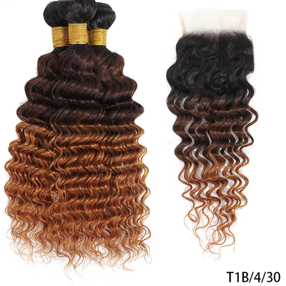 100% Human Hair Bundles With Closure Deep Wave Bundles With 4x4 HD Lace Closure Ombre Wet and Wavy Deep Curly Hair With Closure 4