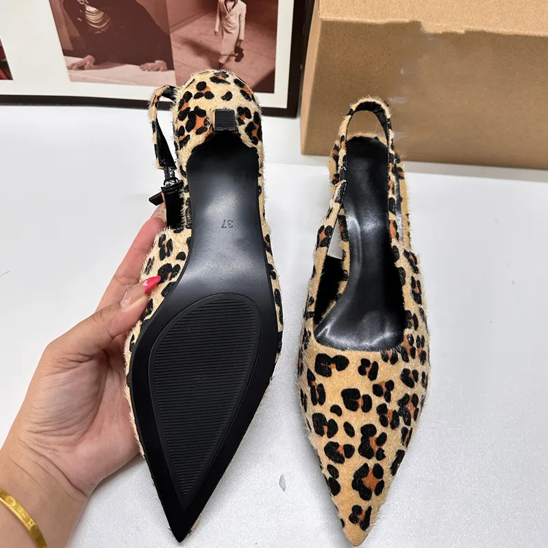 TRAF Women's Flat Bottom Slingback Sandals Leopard Pointed End Woman Mules Autumn Fashion Animal Print Low-heel Beach Shoes