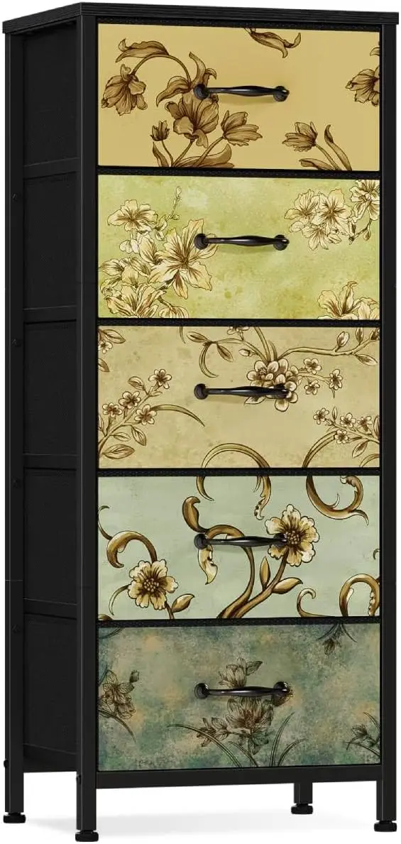 Vertical Dresser for Bedroom, Tall Skinny Storage Tower with 5 Fabric Drawers, Chest of Drawers for Living Room, Dorm, Entryway,