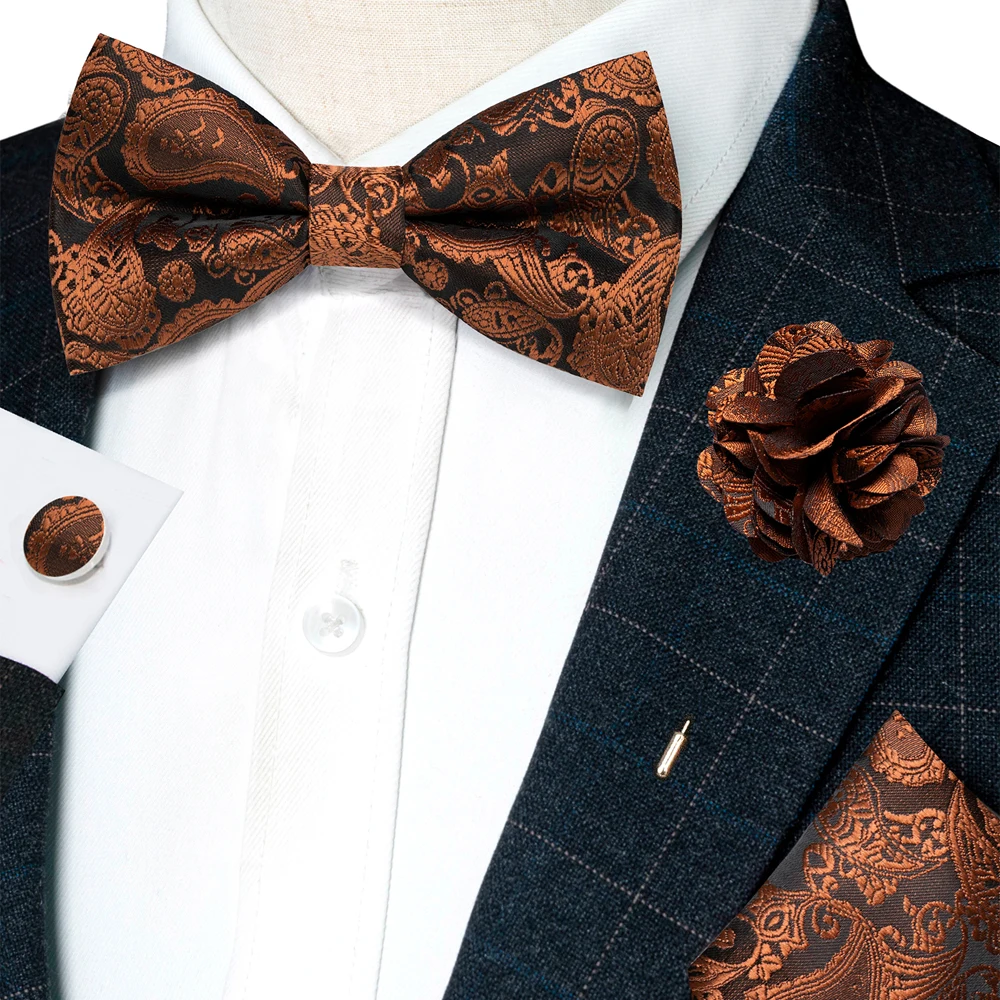 Champagne Silk Jacquard Paisley Bow Tie Set - Pre-tied Bowtie Brooch Hanky  Cufflinks for Weddings  Business