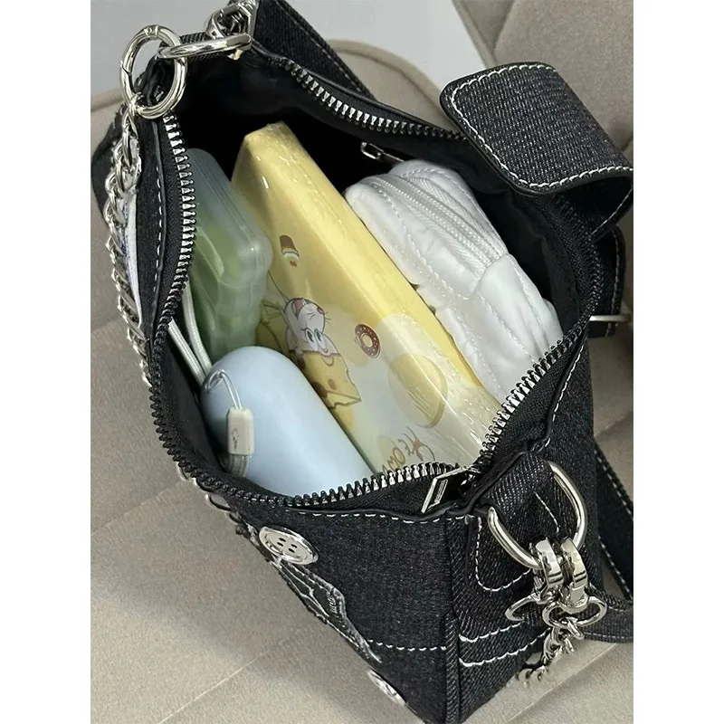 Fashion Women's Shoulder Bag Black Canvas Female Small Handbag Y2k Chain Tote Purses Stars Pattern Cool Girls Underarm Bag