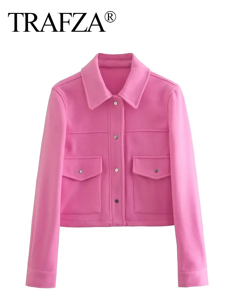 TRAFZA Jackets For Womens Autumn Fashion Solid Front Pockets Button Long Sleeve Jacket Elegant Woman Casual Outerwear Coat 4