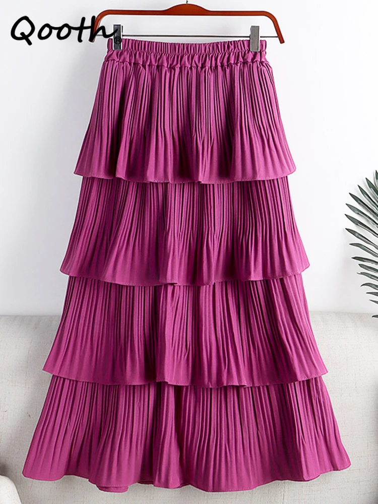 

Qooth Women Fairy 4 Layered Ruffles A-line Skirt Casual Solid Color High-waisted Pleated Cake Skirt For Spring Summer QT1683