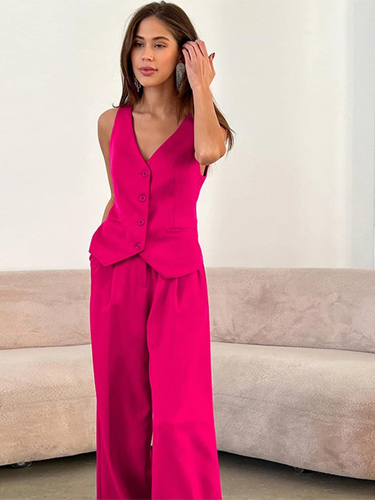 Loose Casual Pink Waistcoat Pants 2 Piece Set Sleeveless Shirt Wide Leg  Pants Women's Suit 2023 Temperament Commuting Sets - AliExpress