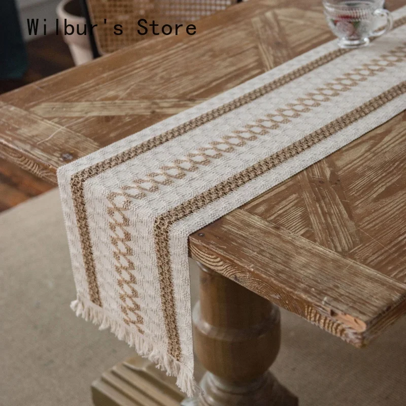 

Cotton Linen Dining Table Runner Two-color Knitted Tablecloth with Tassels Boho Style Cabinet Decor Wedding Table Decorations