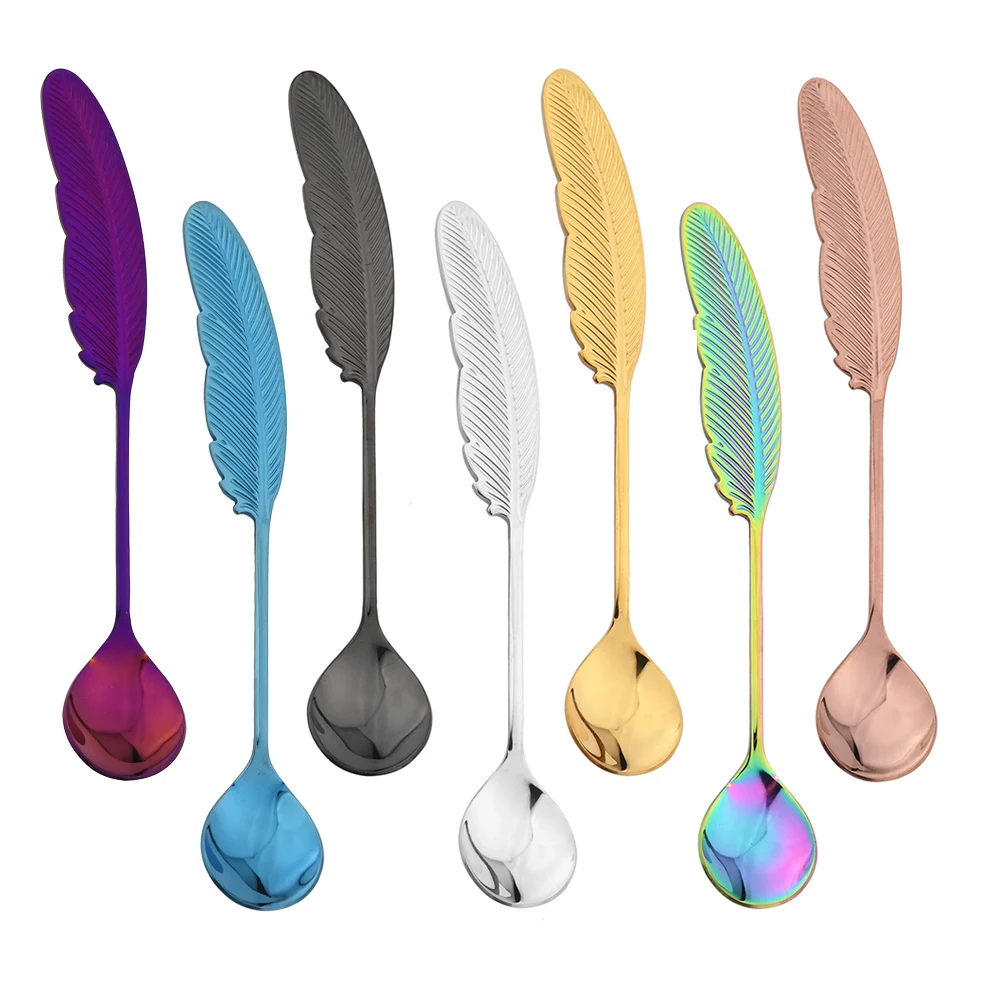 Tea Spoon 2/4Pcs Teaspoon Creative Feather Stainless Steel Spoon Coffee Spoon For Ice Cream Colorful Dessert Set Decoration Kitchen tea spoon