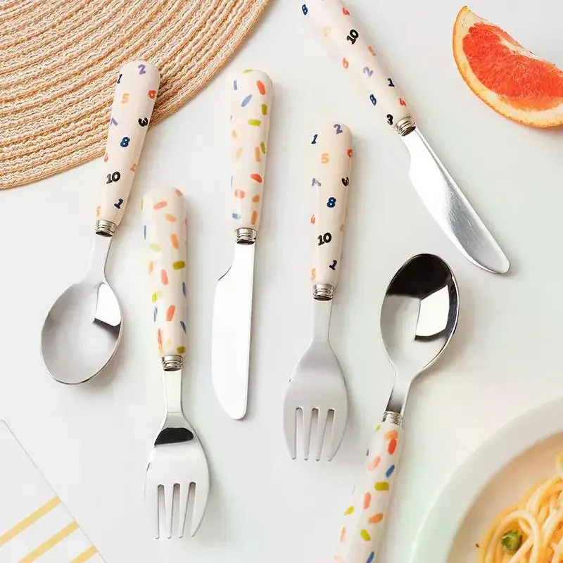 Tableware Cartoon Kids Spoon and Fork Set Dessert Spoon for Children Fork Baby Gadgets Feeding Children's Cutlery for Kids silicone cutlery set fork spoon set baby cutlery