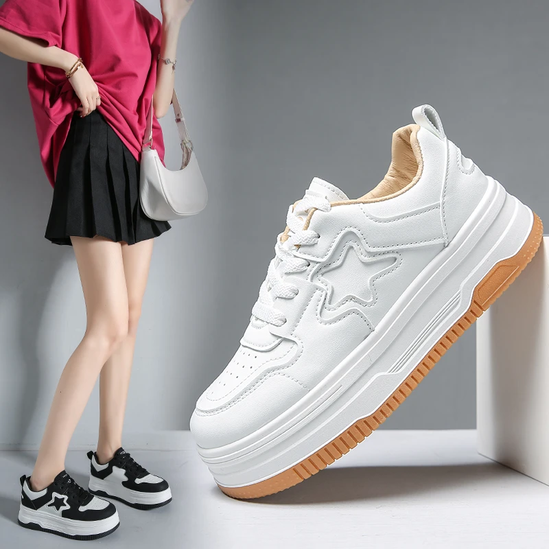 

Stars soft leather small white shoes spring style matching color casual board shoes thick soled sports shoes female tide