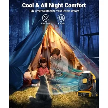 Portable Camping Fan with Lights 20000mAh Rechargeable Battery Operated 3 Speeds Outdoor Tent Fan – Powerful Airflow and LED 5