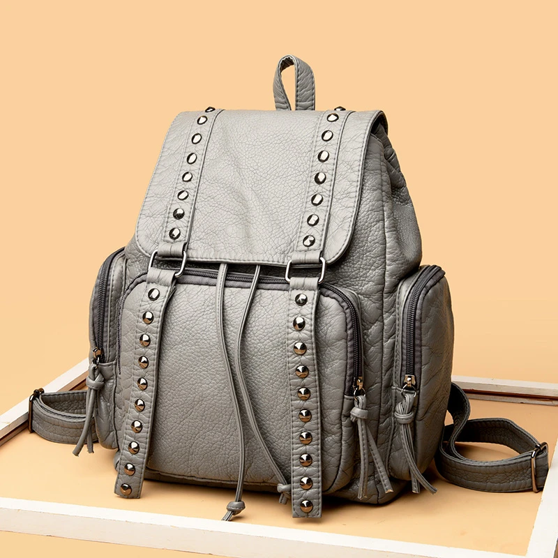 Rucksack Tasche Rucksack Damen Silber Leder Hochwertige Niet