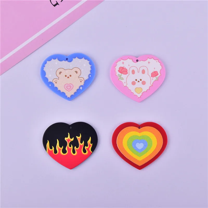 

10pcs 38*32mm Fire Heart Rainbow Heart Bear Arcylic Charms for DIY Jewelry Making