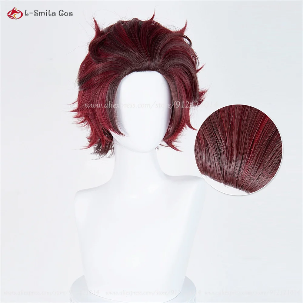 Kamado Tanjirou Cosplay Perücke 32cm Rotbraun Synthetik Hitzebeständig Halloween 5
