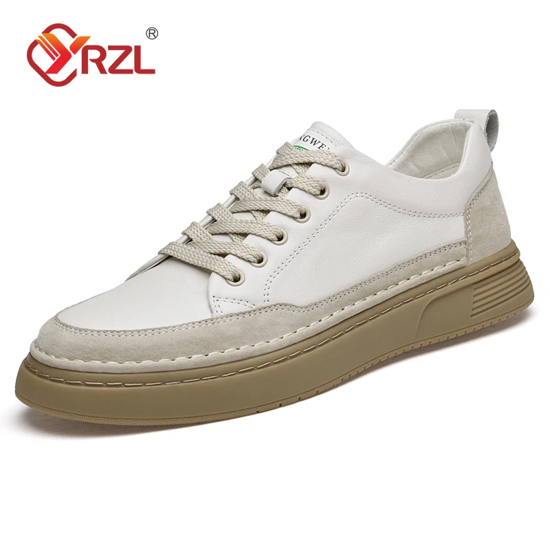 YRZL Mens Genuine Cowhide Leather Skateboard Shoes Comfortable Casual Flats Lace Up Moccasins Non Slip Men Shoes