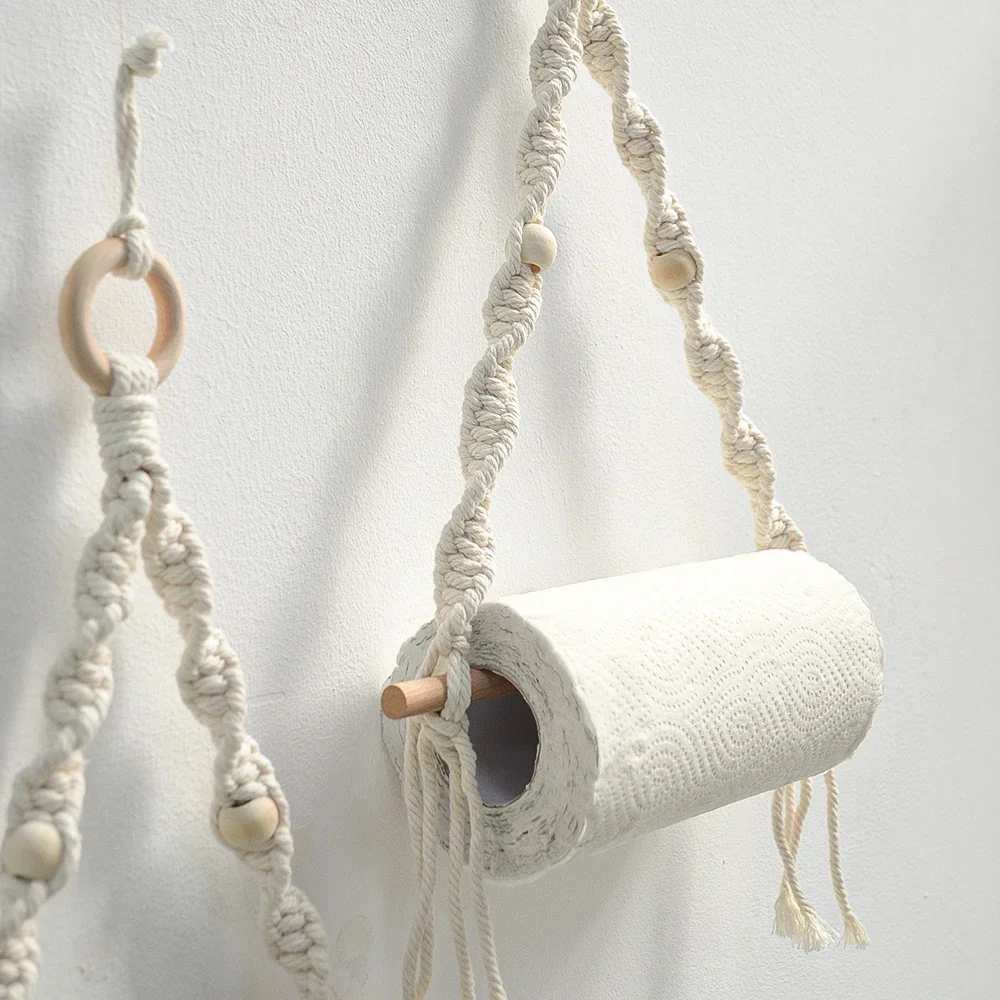 Bohemian Hand-woven Wall-mounted Wooden Bead Roll Paper Rack Towel Rack Homestay Tissue Storage Wall Home Decoration