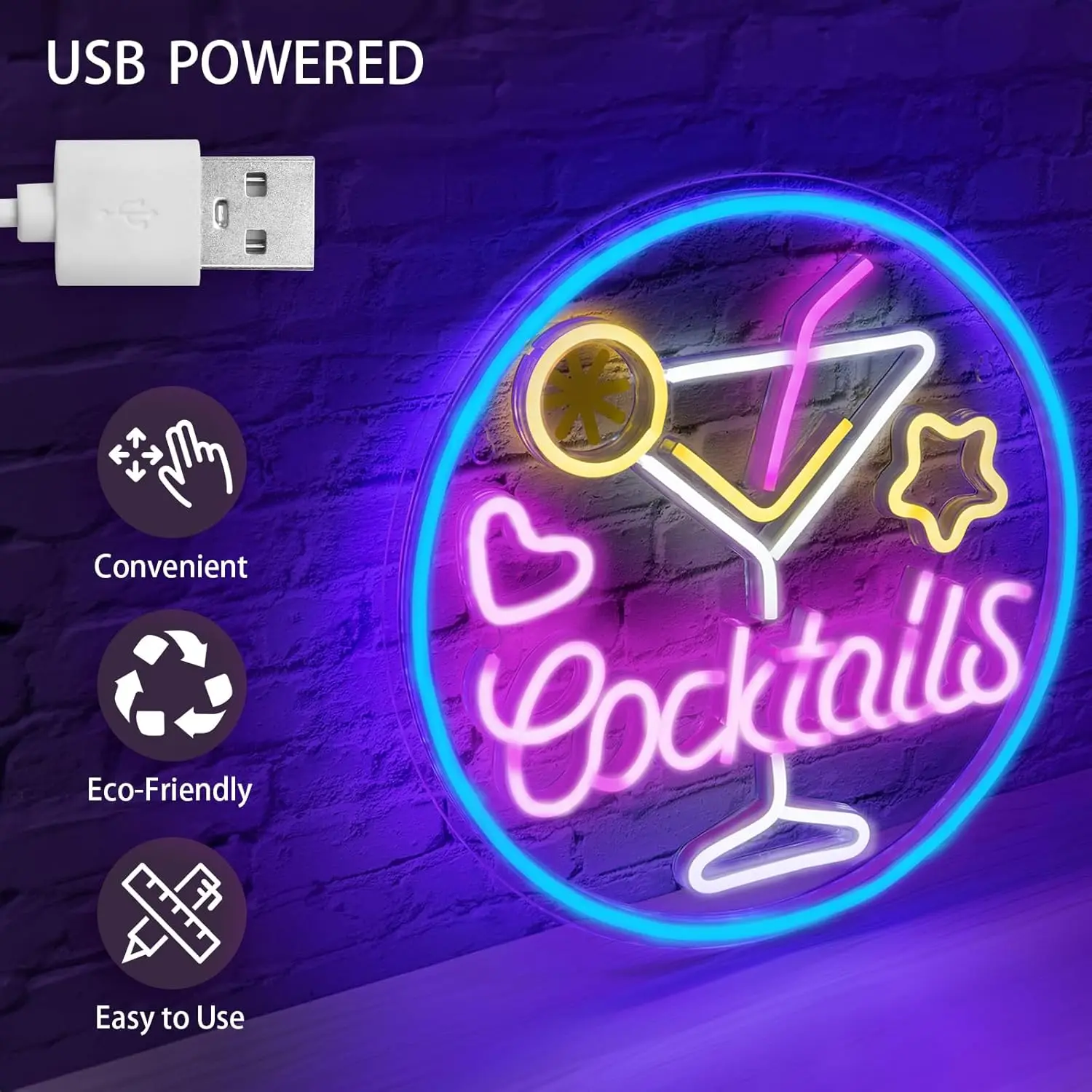 Insegna Al Neon A Forma Di Cocktail Con Scritte Luminose LED, Decorazione Murale Per Home Bar E Cameretta, USB, Regalo Per Ragazzi E Ragazze – 40x26,6 Cm