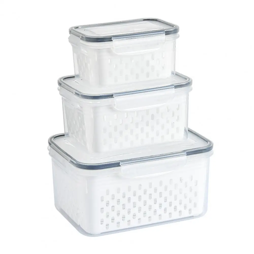 

Refrigerator Storage Container Stackable Storage Box Durable Food Storage Bins Set with Drain Basket Design 3pcs for Home