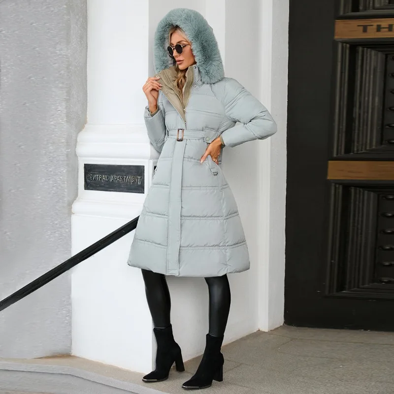 Down Cotton Jacket European and American Fur Collar Contrasting Color Coat Winter New Slim Fitting and Slimming Mid Length Coat