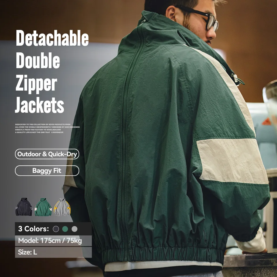 Maden Casual Detachable Double Zipper Patchwork Jackets Stand-up