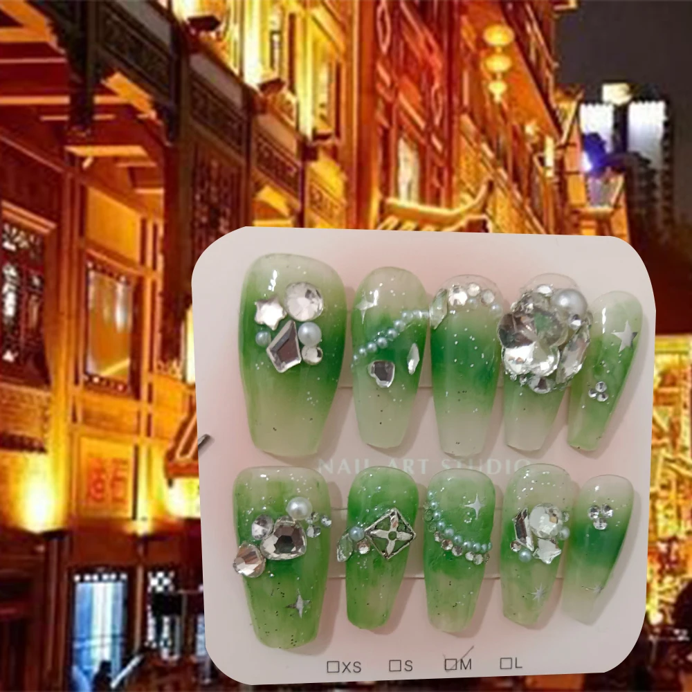 

[Весенний запах] нажимайте на ногти персиковый красный цвет зеленые высокоэффективные бриллианты и сломанные бриллианты для ногтей